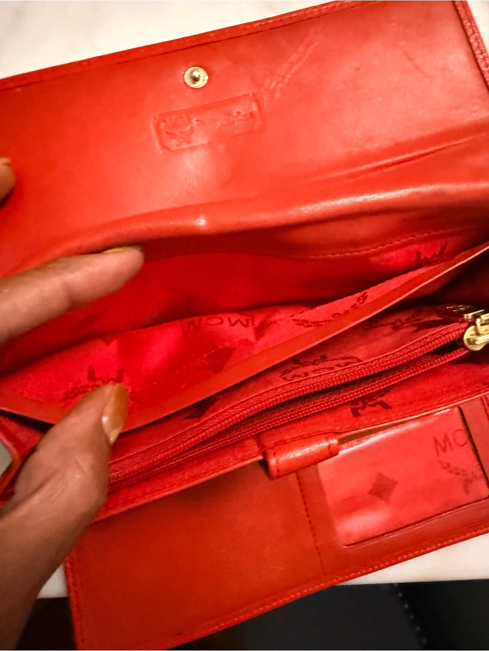 MCM Red Pebbled Leather Continental Wallet with Gold Accents - Picture 10 of 12